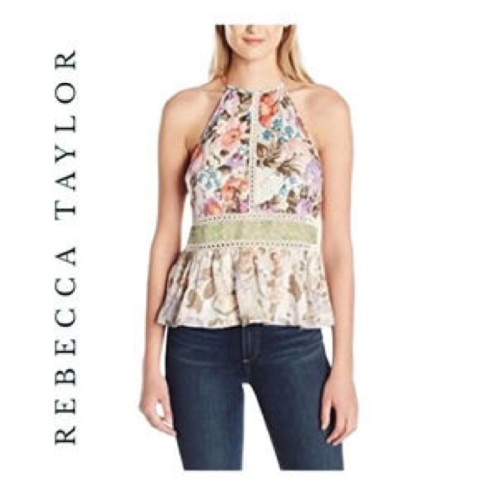 Rebecca Taylor • Mixed Floral Silk Blend Peplum Halter Top
